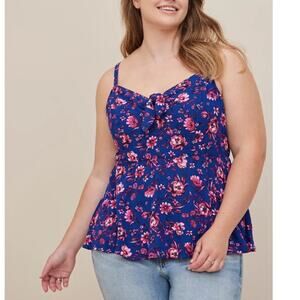 Torrid Blue Pink Floral Boho Smocked V-Neck Peplum Eyelet Cami Tank Top Size 5X
